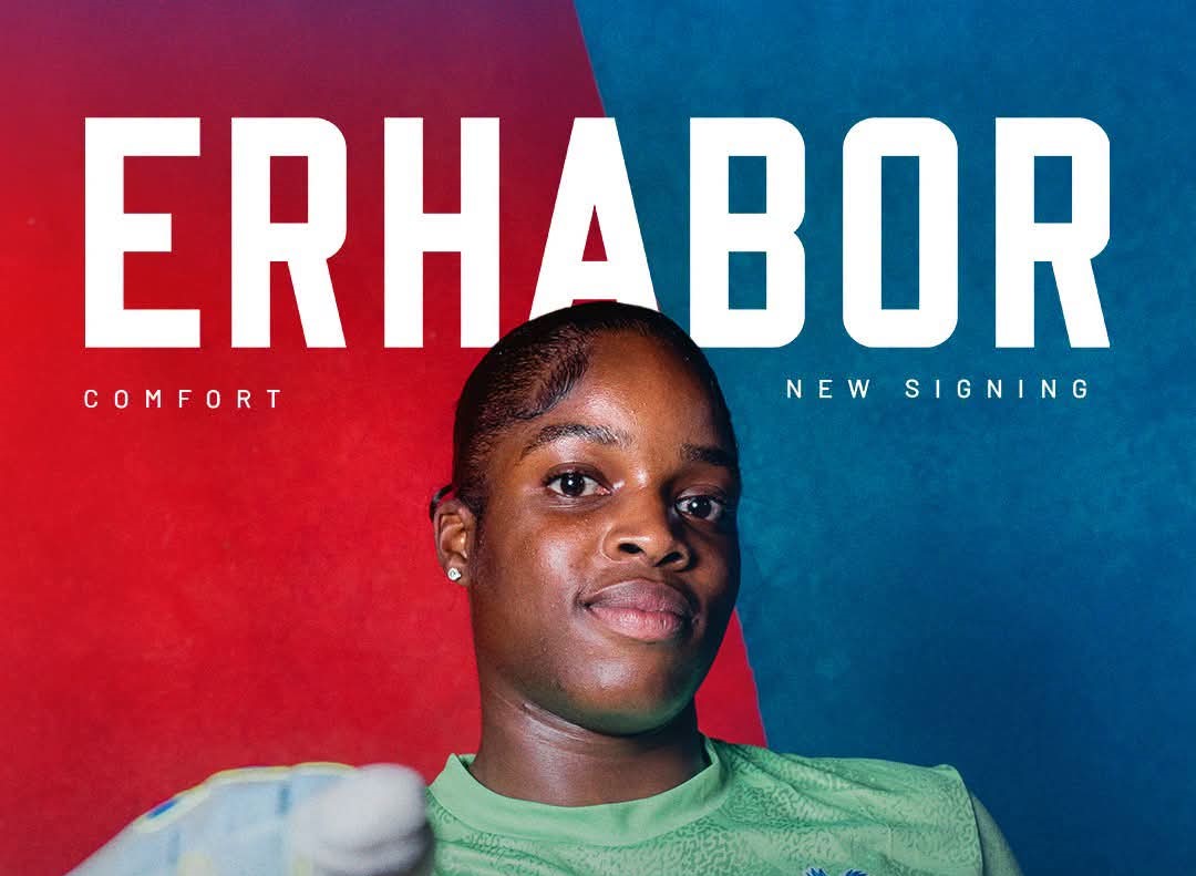 Nigerian goalkeeper Comfort Erhabor in Crystal Palace Women training gear celebrating her signing