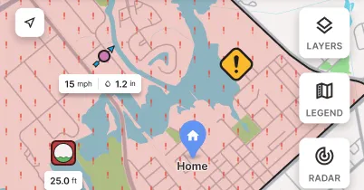Watch Duty mobile app interface showing flood alert map with water level monitoring across United States