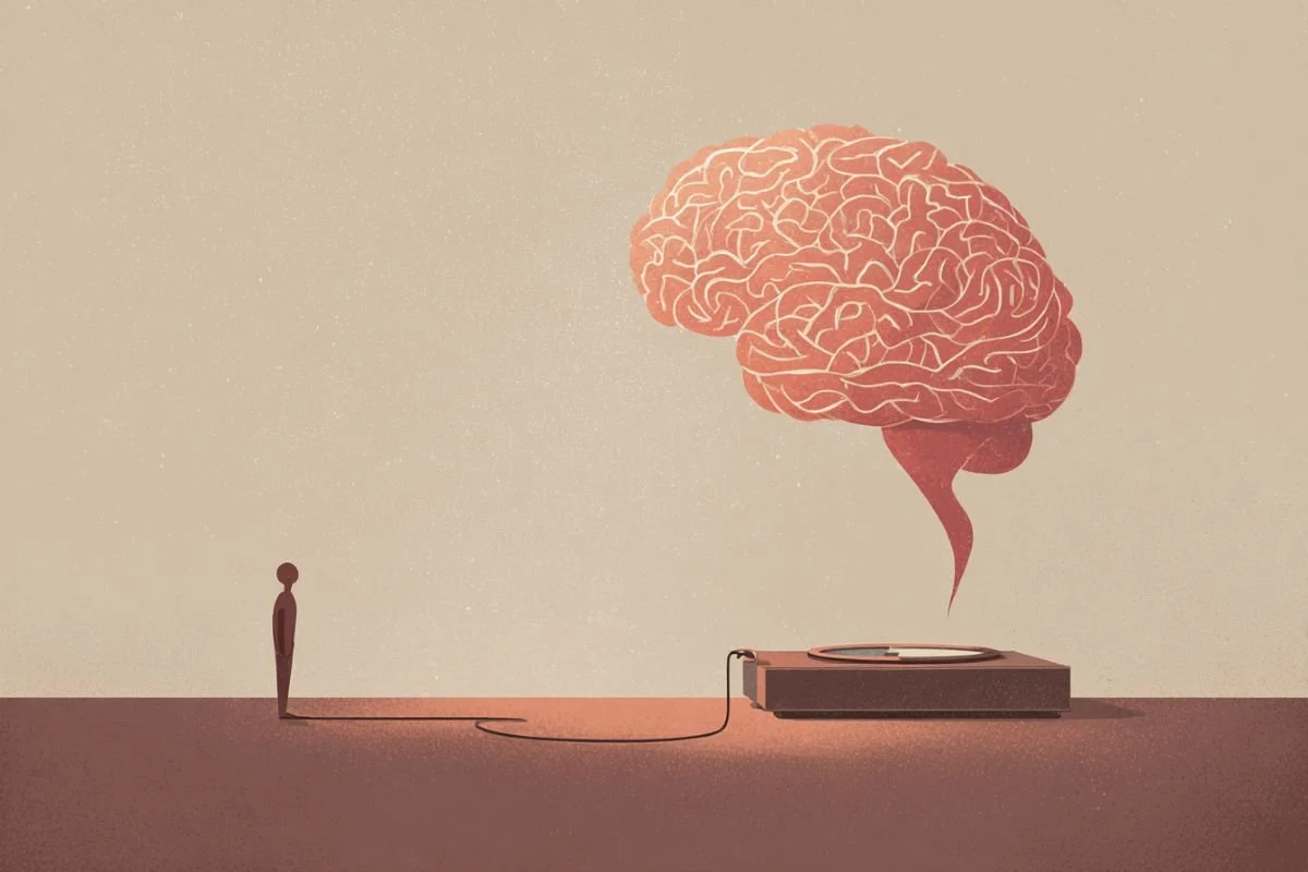 Scientific illustration showing neural pathways connecting brain to fat cells in skeleton