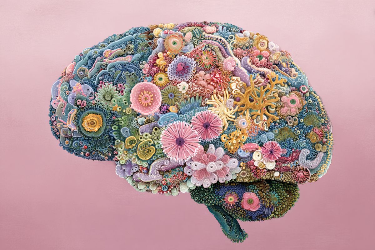 Illustration showing connection between intestinal bacteria and brain function through molecular pathways