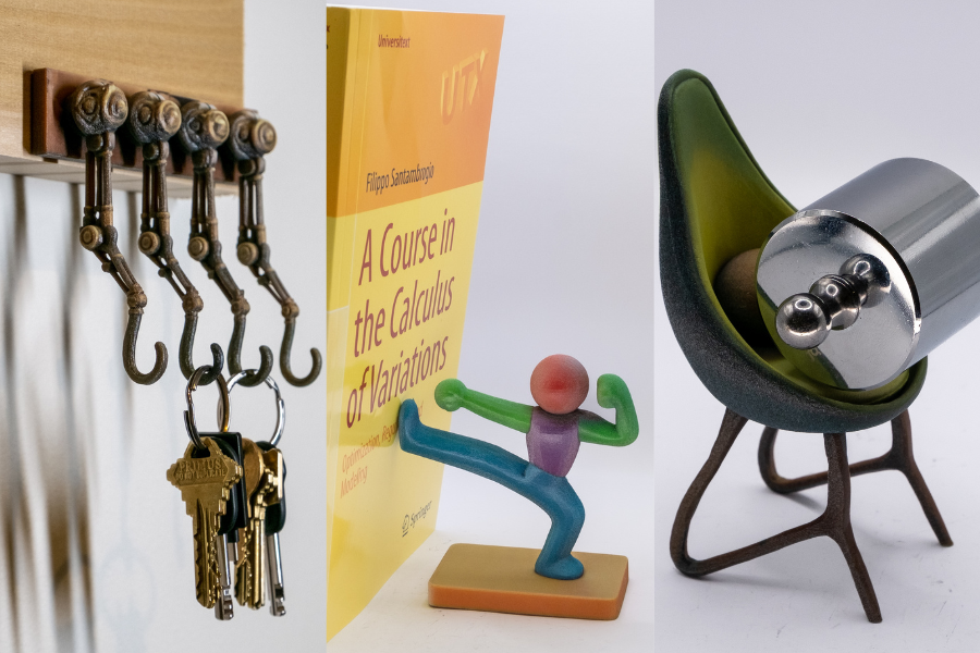 Various 3D-printed objects including flamingo-shaped glass and steampunk keyholder created using MIT's PhysiOpt system