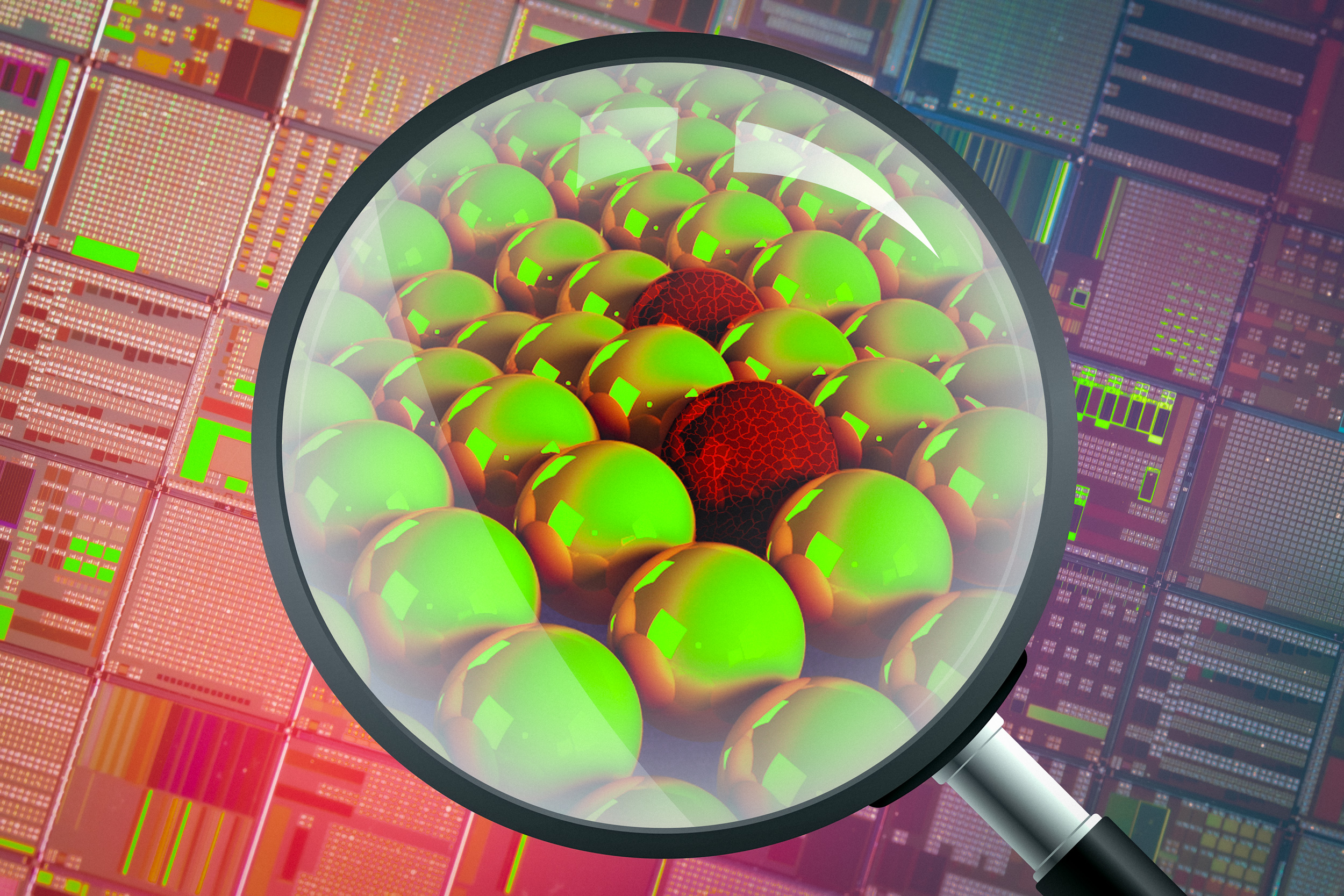 Visualization of atomic structure showing microscopic defects in semiconductor material used in electronics manufacturing