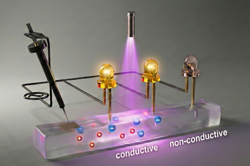 Soft stretchable circuit with gel bar and copper electrode lighting two bulbs where exposed to light
