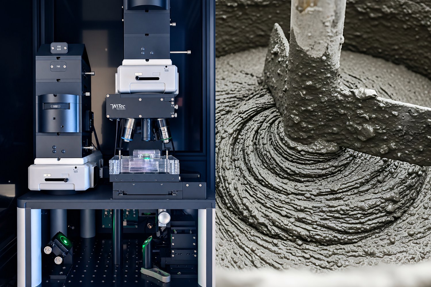 Confocal microscope scanning cement paste sample beside fresh concrete mixture at construction site
