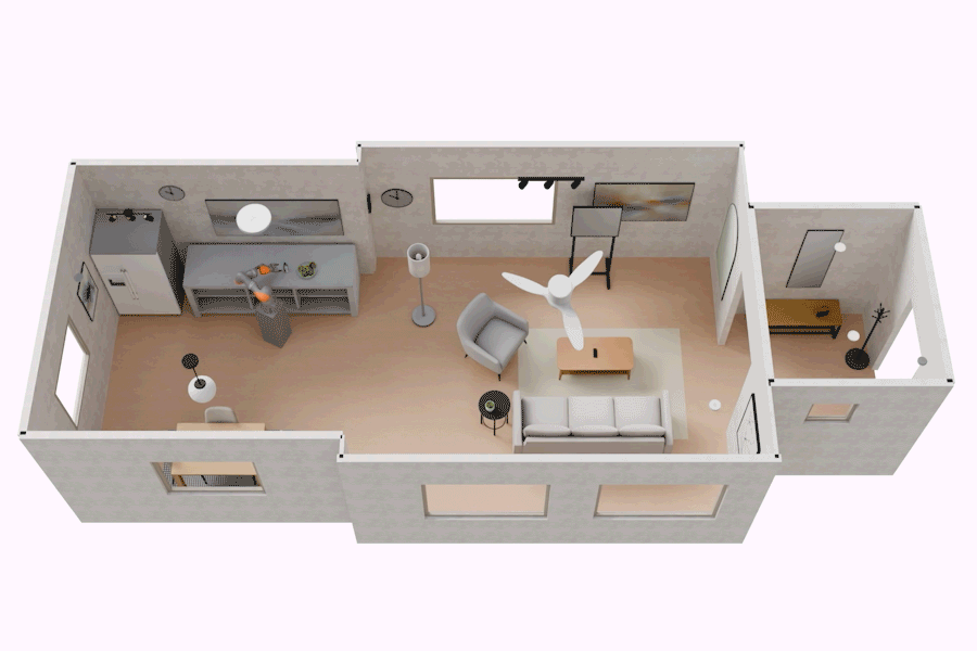 Three AI agents collaborating to build a detailed 3D virtual kitchen for robot training