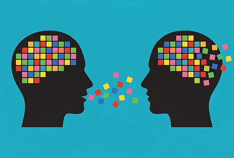 Colorful neural network illustration showing interconnected brain cells representing bilingual language processing