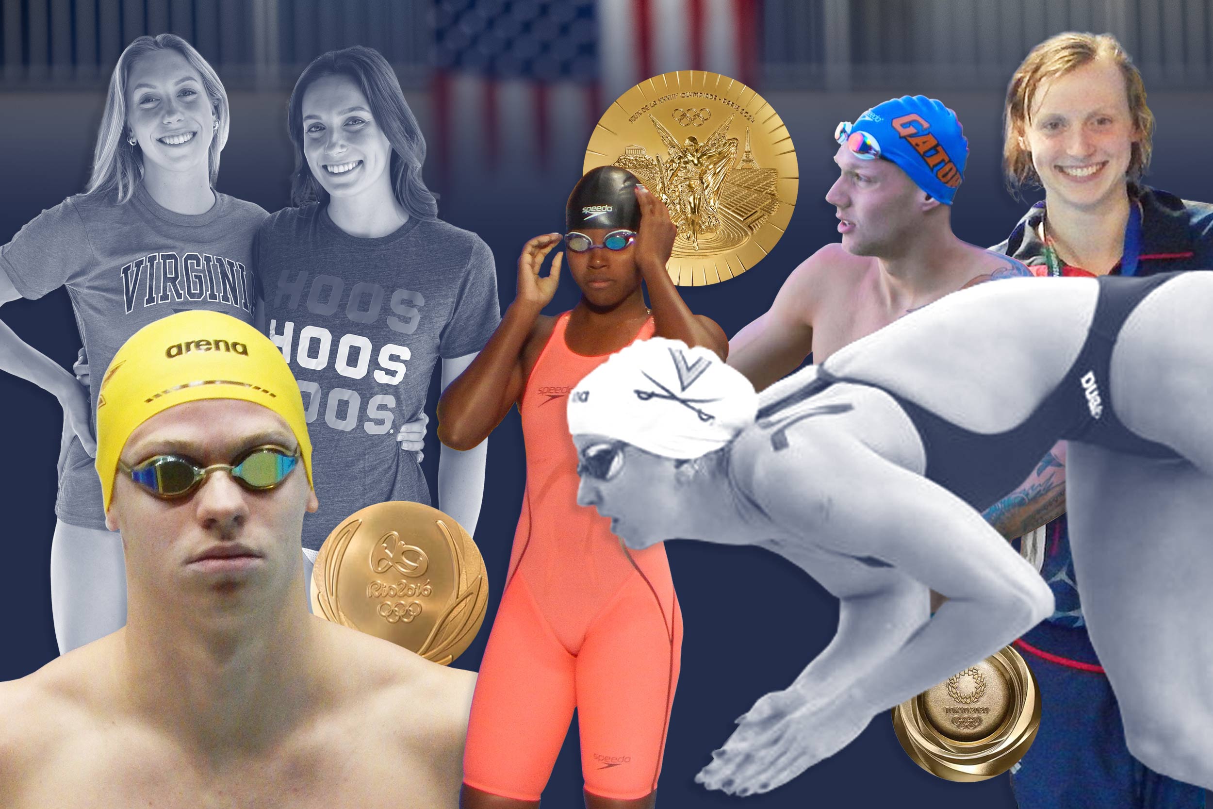 Olympic swimmers Katie Ledecky and Caleb Dressel racing in pool lanes during competition