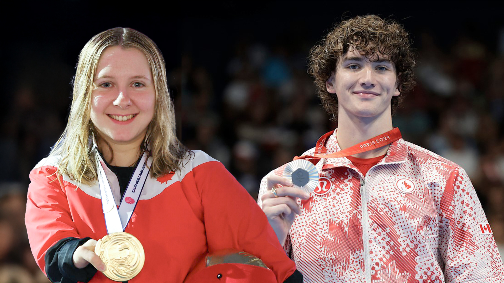 Canadian Paralympic swimmers Reid Maxwell and Danielle Dorris celebrating with medals at pool