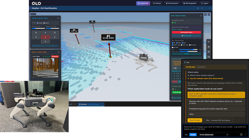 Person using laptop to program virtual robot simulation in digital warehouse environment