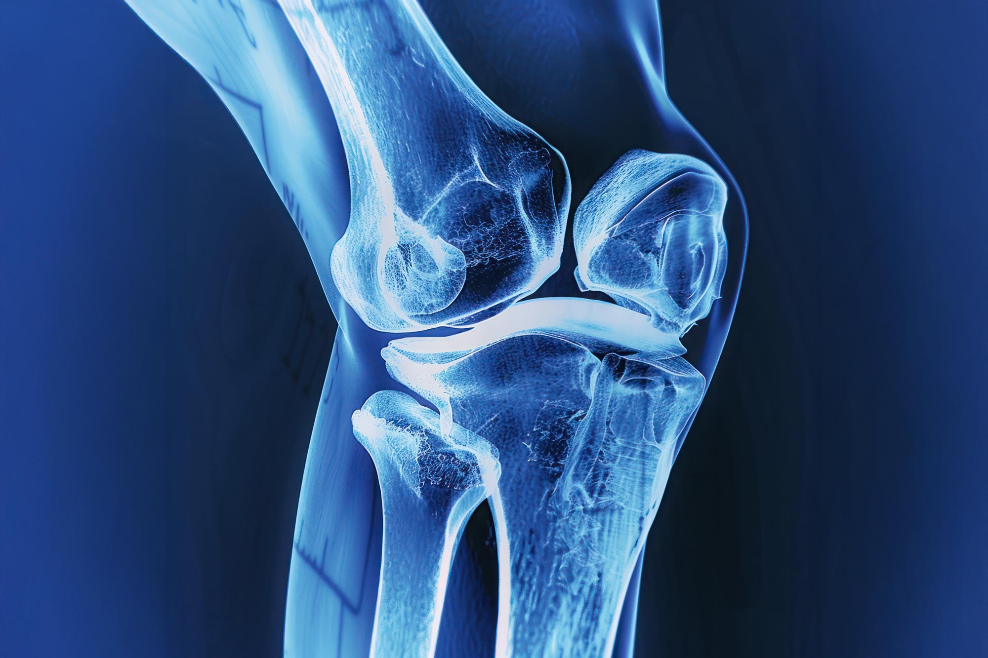 Medical illustration showing minimally invasive catheter procedure targeting knee joint blood vessels for arthritis treatment