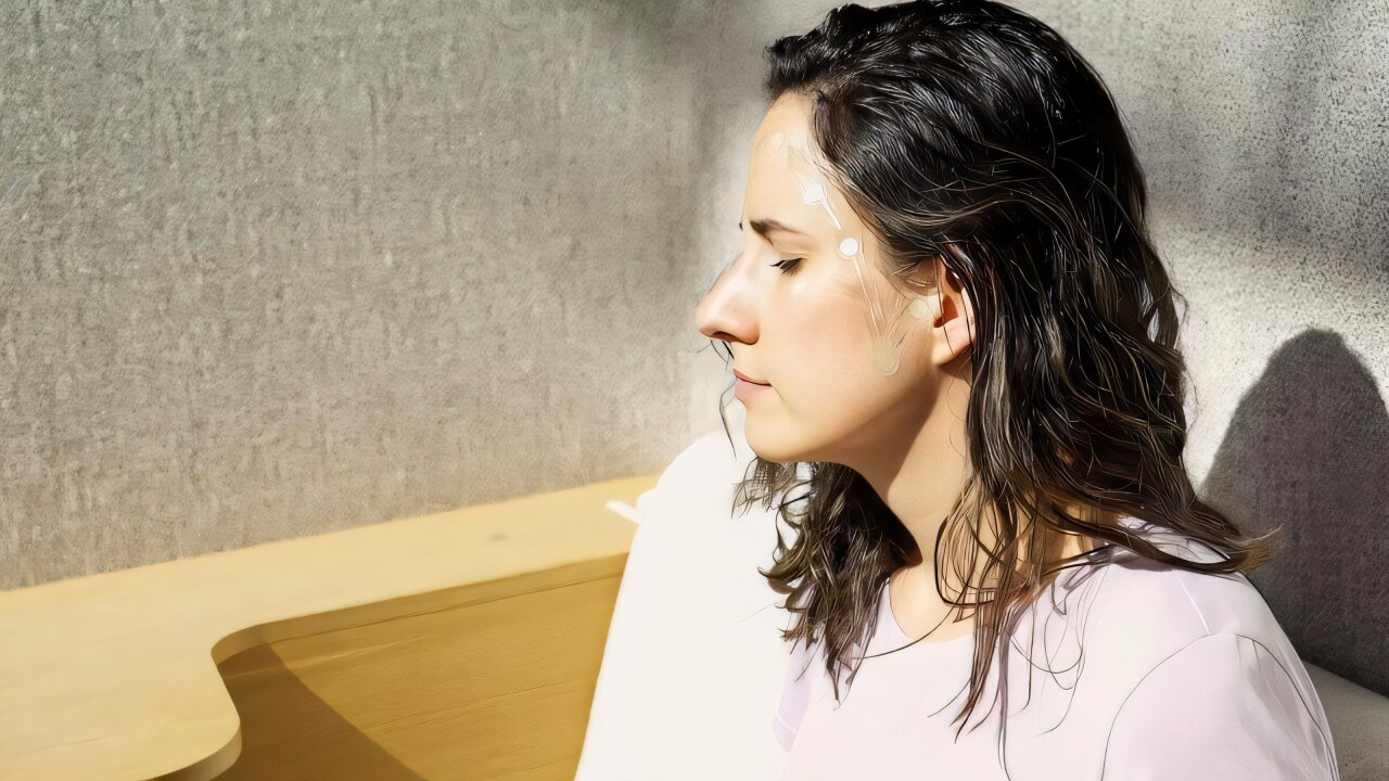 Person wearing small flexible brain sensor patch behind ear connected to miniature amplifier