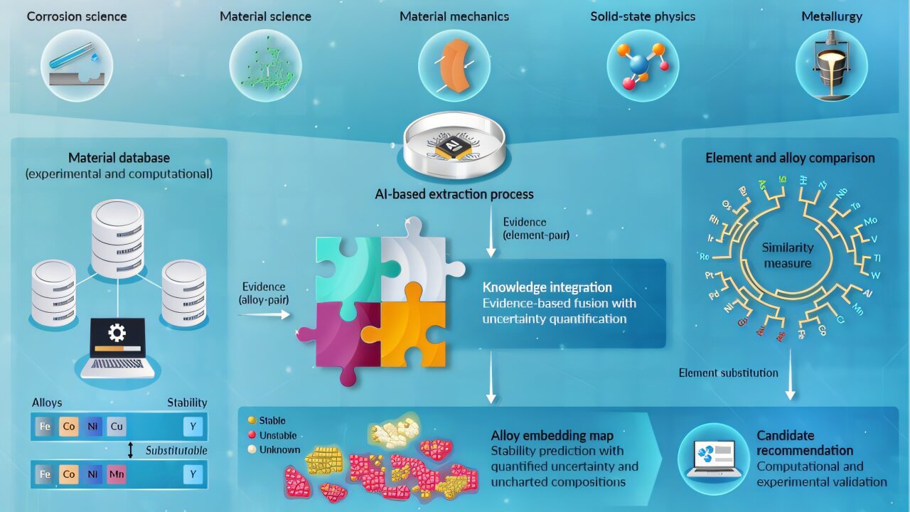 Colorful visualization showing AI framework combining data streams to discover new metal alloys