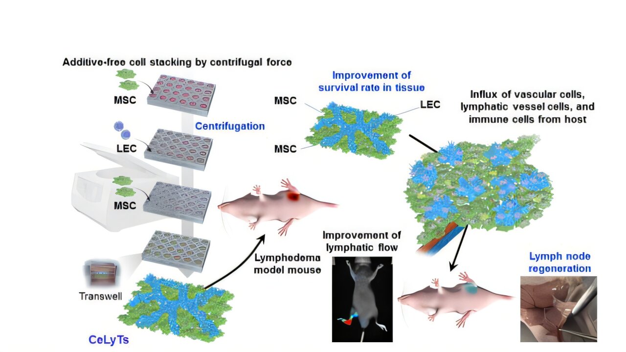 Microscope view of bioengineered three-layered lymphatic tissue created through centrifugation technique in laboratory