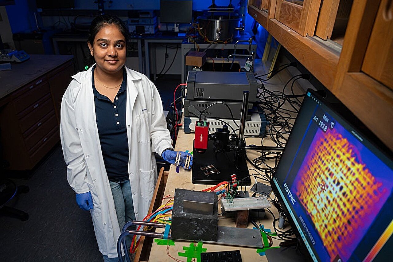 Close-up of flexible carbon nanotube fiber threads being woven into heating element fabric