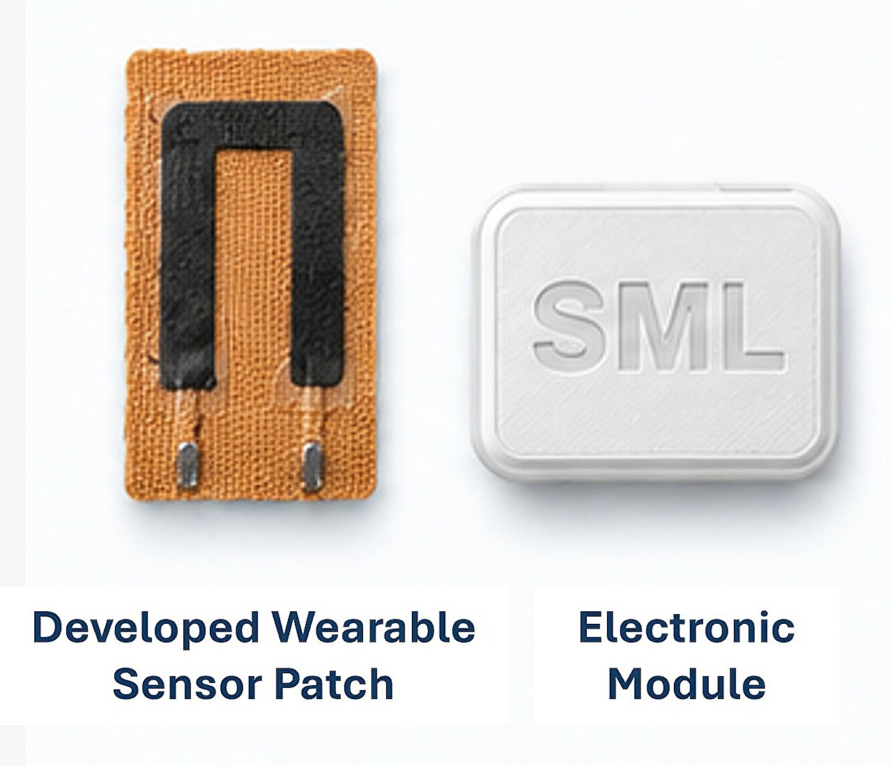 Small flexible white sensor patch with electronic module attached lying on a surface