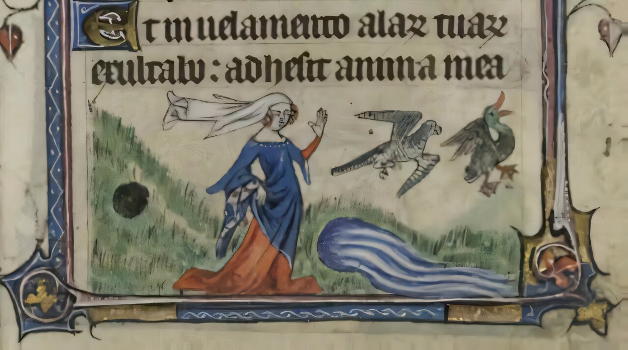 Medieval illuminated manuscript showing woman in flowing headdress holding falcon while hunting