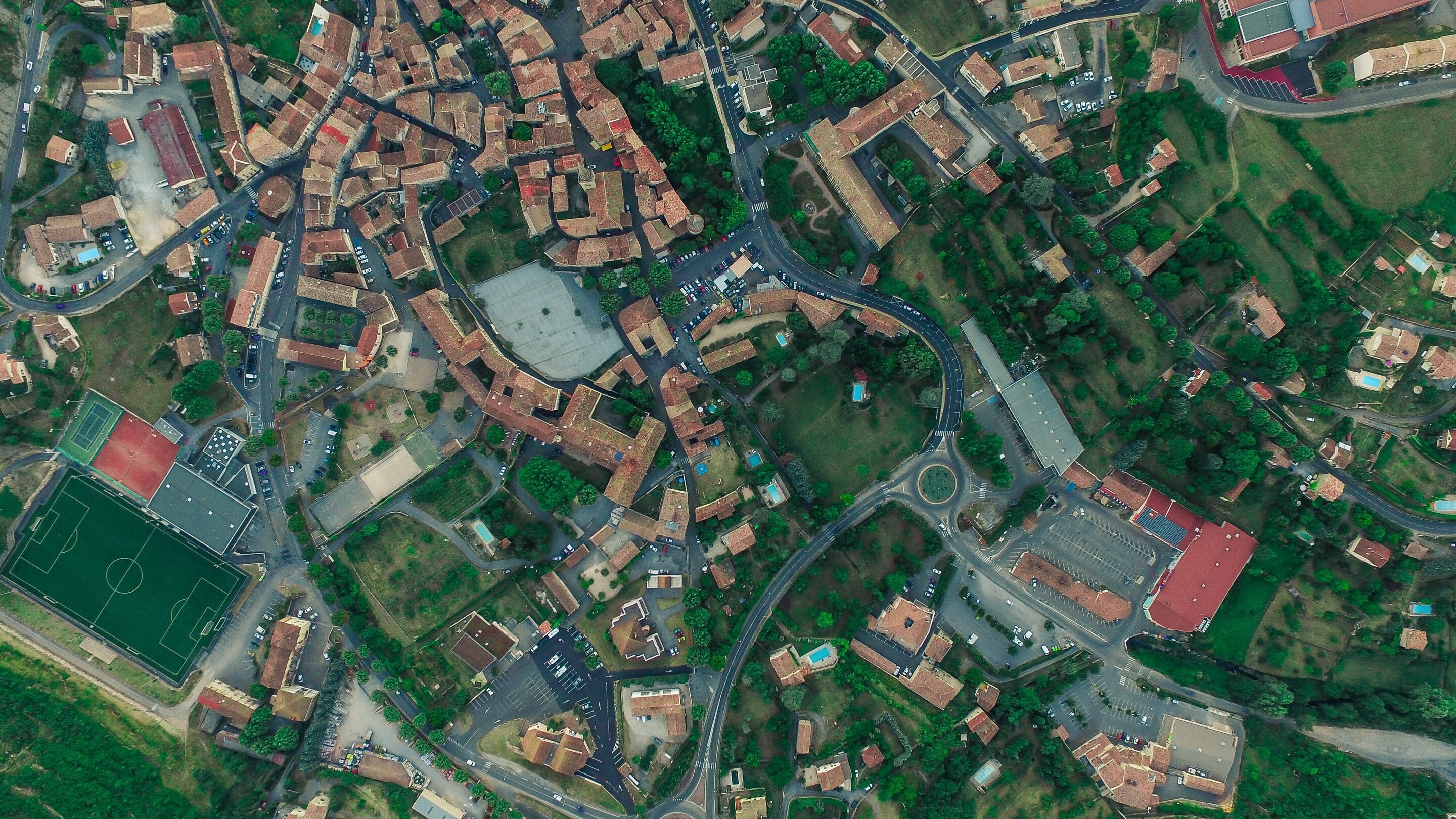Aerial view of urban tree canopy covering city streets and buildings in Washington D.C.