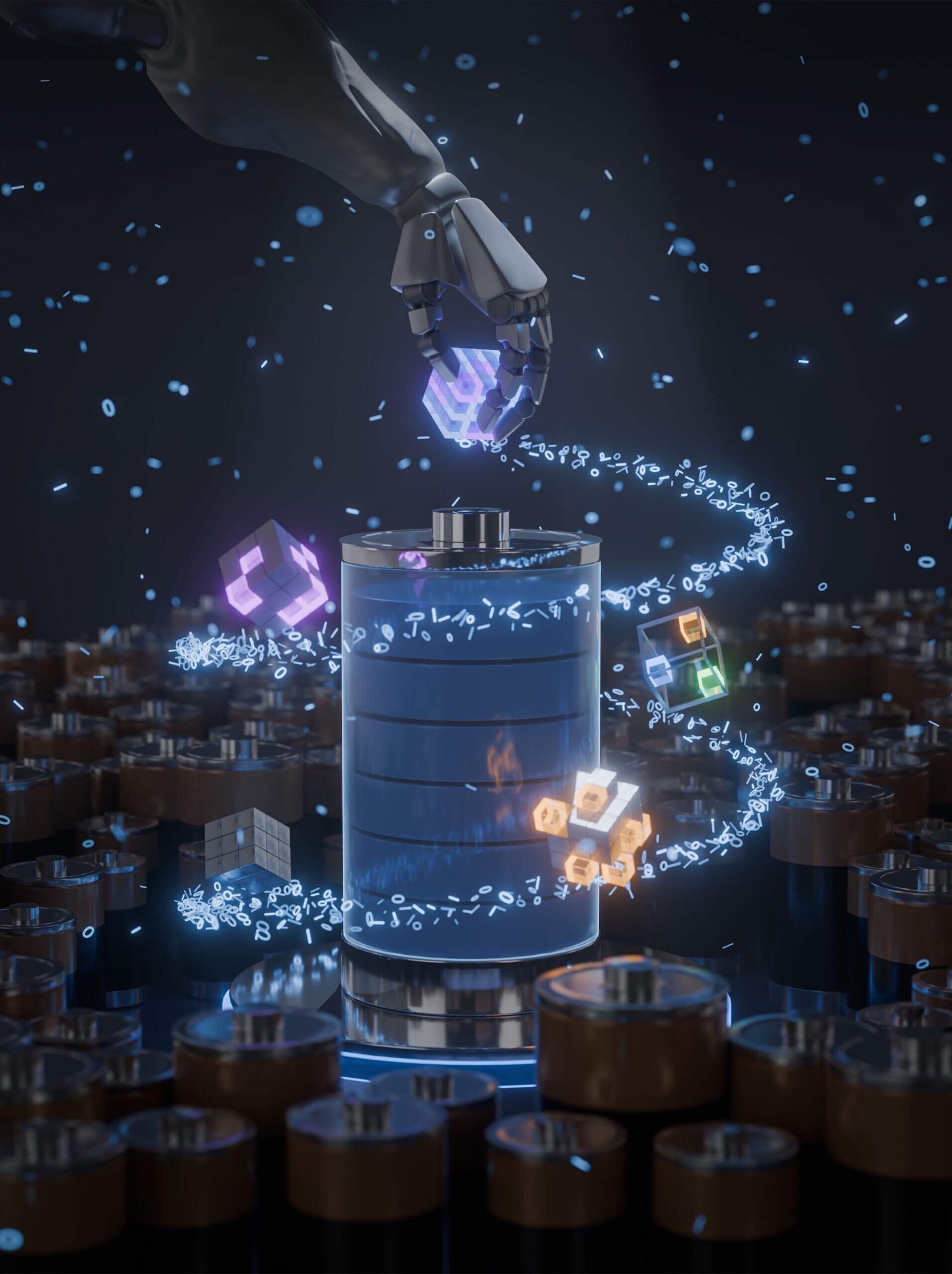 Glowing battery cells on cubes showing AI identifying knowledge gaps to predict performance