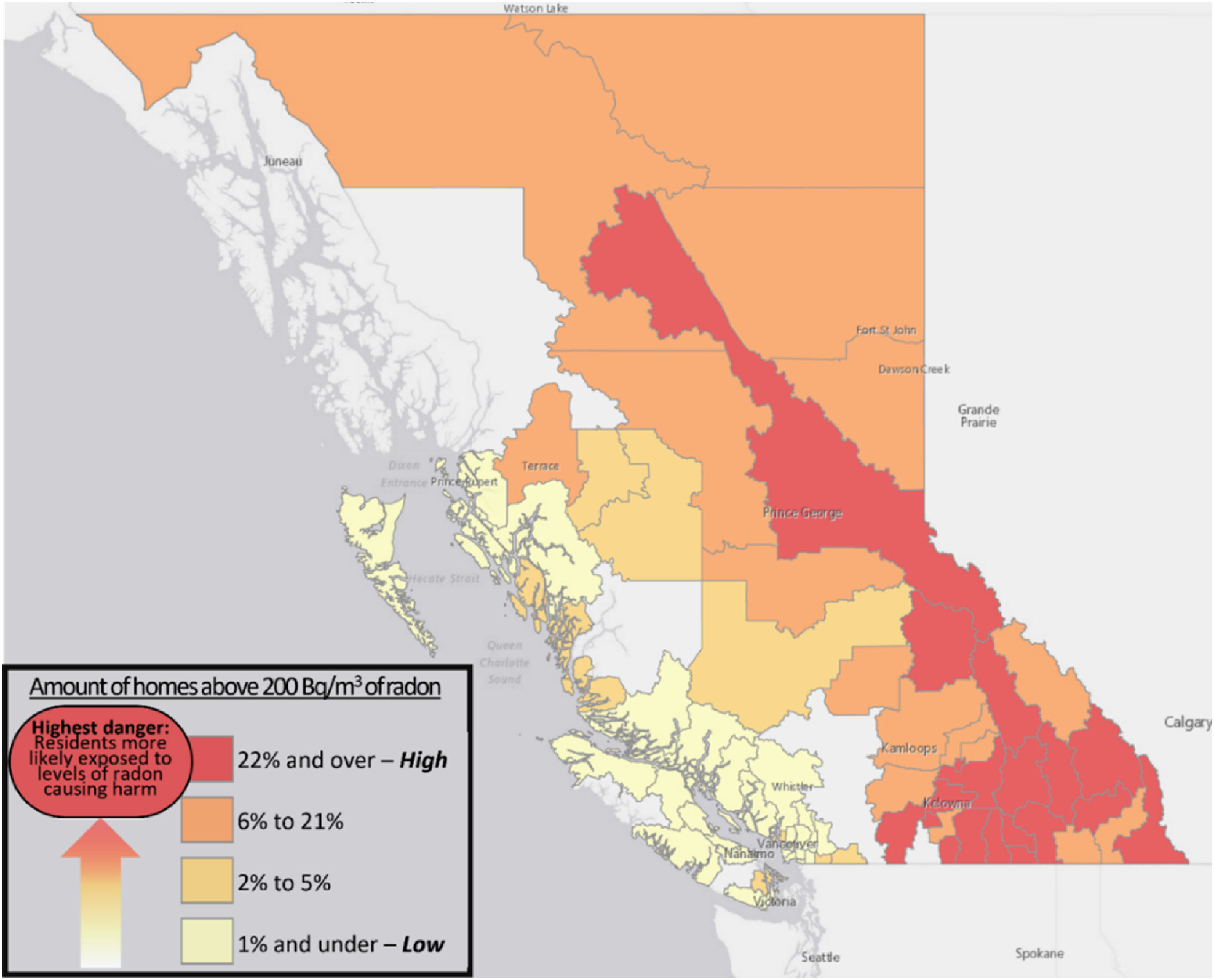 Map of British Columbia showing percentage of homes above radon action guidelines by region