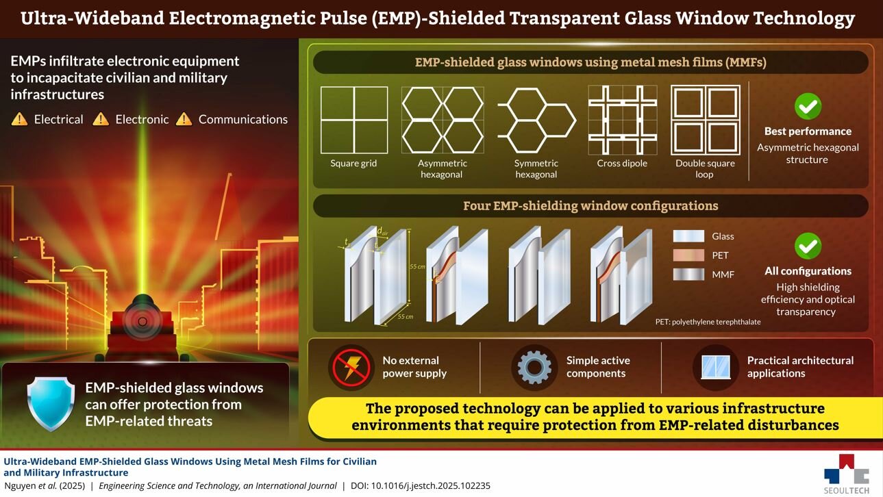 Transparent glass window with invisible metal mesh pattern that shields buildings from electromagnetic pulses