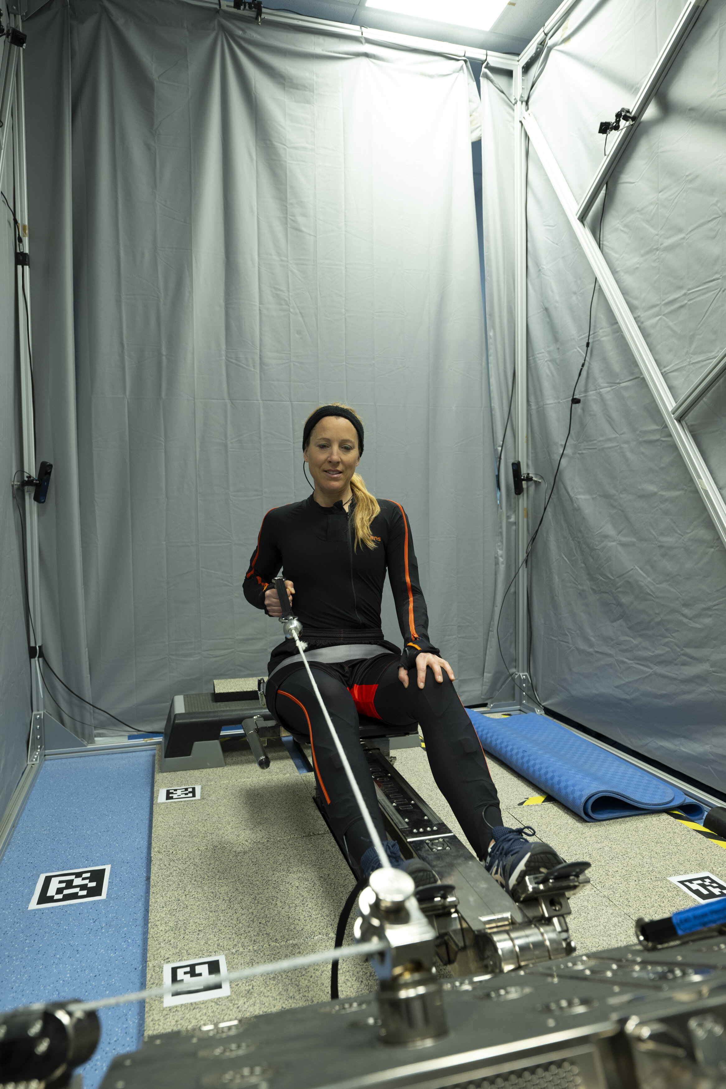 ESA astronaut Sophie Adenot trains on the compact E4D exercise device in Cologne, Germany