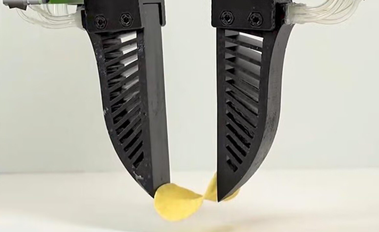 Close-up of soft robotic finger gently gripping a potato chip without breaking it