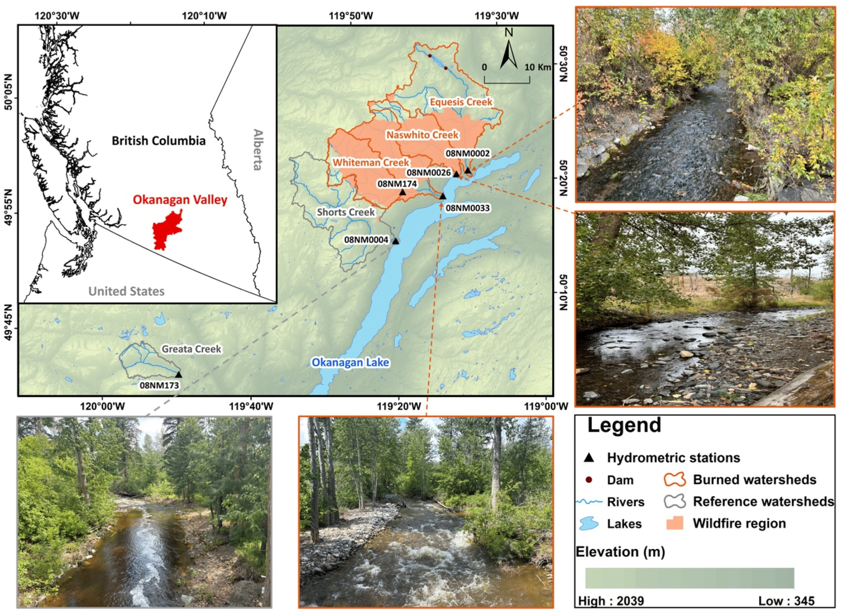Clear mountain stream flowing through burned forest landscape showing wildfire recovery patterns