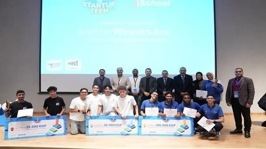 Egyptian students from WE Technology Schools celebrating their national startup competition victory with innovative app