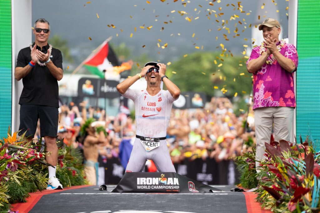 Vincent Luis crossing finish line at 2026 IRONMAN World Championship in Kona, Hawaii