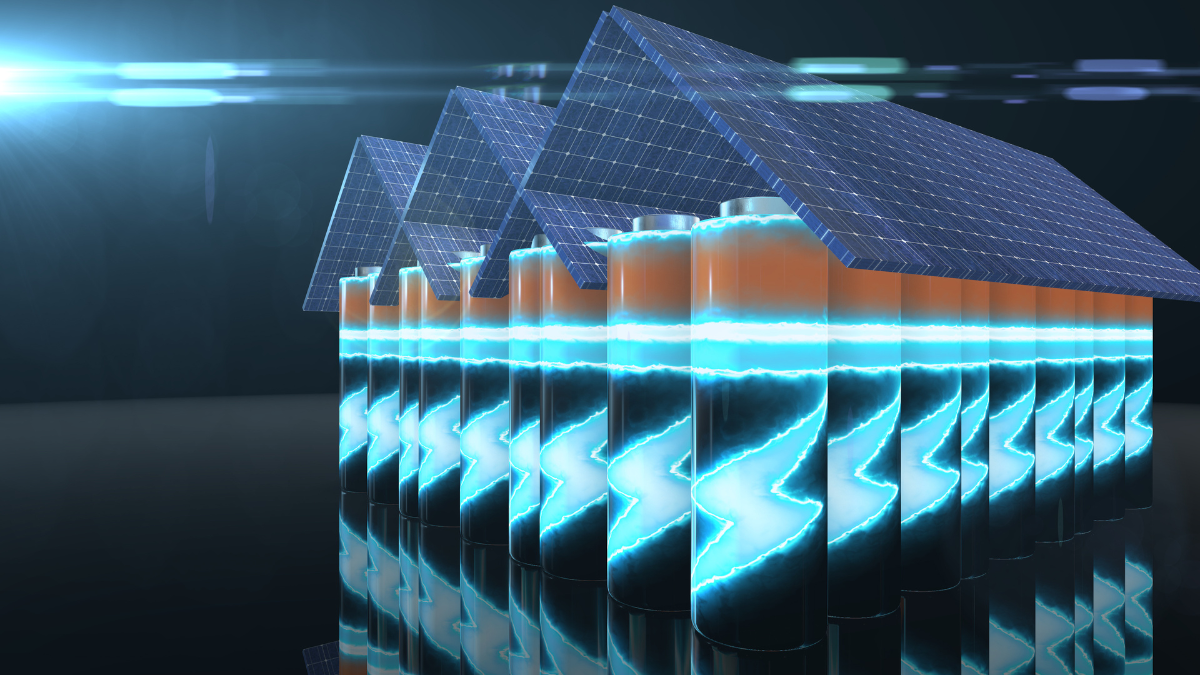 Large scale battery storage facility with solar panels under blue sky