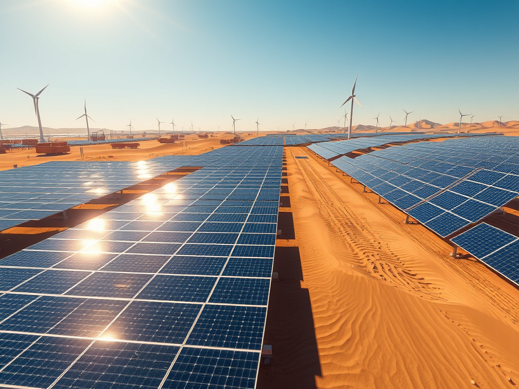 Massive solar panel array stretching across Saudi Arabian desert landscape under bright blue sky