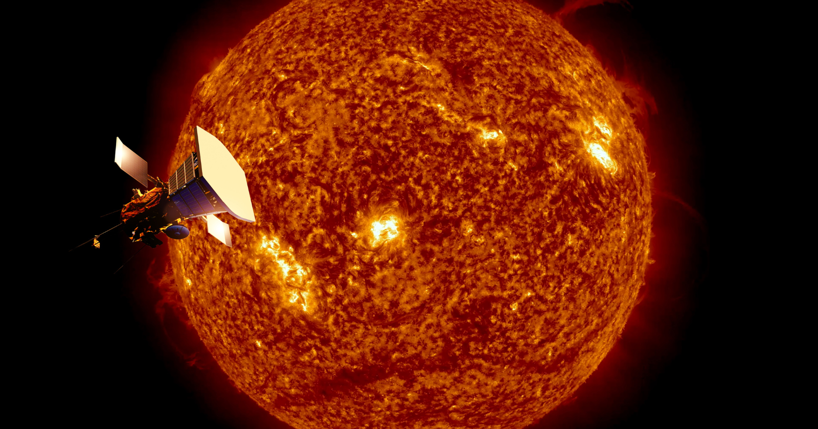 Artist rendering of Parker Solar Probe approaching the Sun's glowing corona with protective heat shield