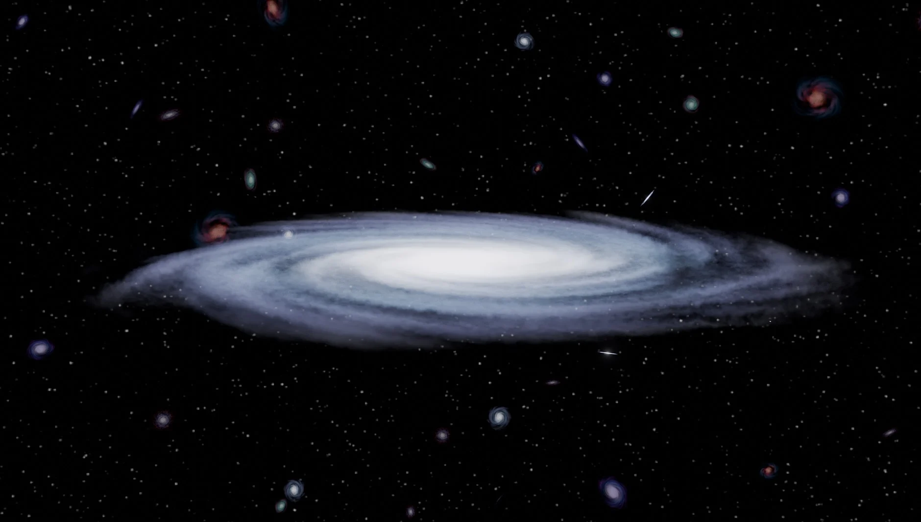 Artist rendering of early galaxy glowing with light from young massive stars creating oxygen
