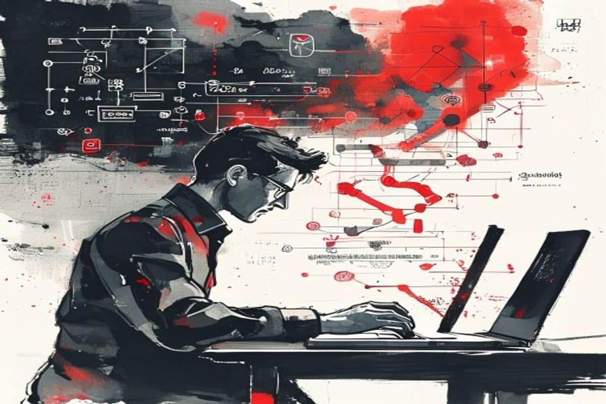 Person working at computer with mathematical equations and AI interface displayed on screen