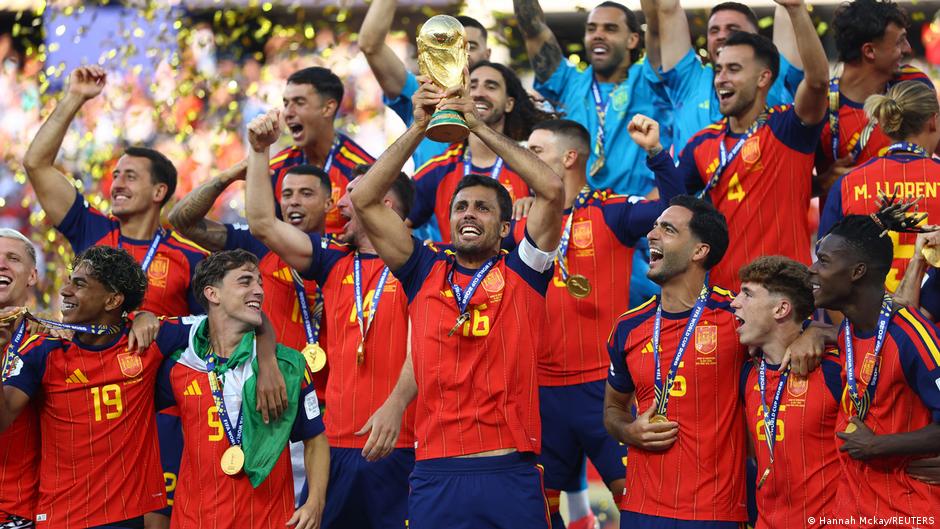 ** Spanish national team players celebrating their World Cup victory on the pitch in New York