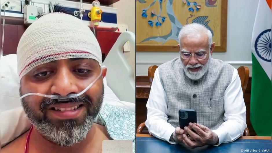 Captain Smit Machchhar speaking with Indian Prime Minister via video call from hospital bed