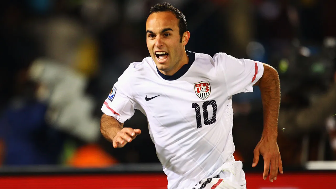 Landon Donovan celebrating after scoring winning goal against Algeria at 2010 World Cup