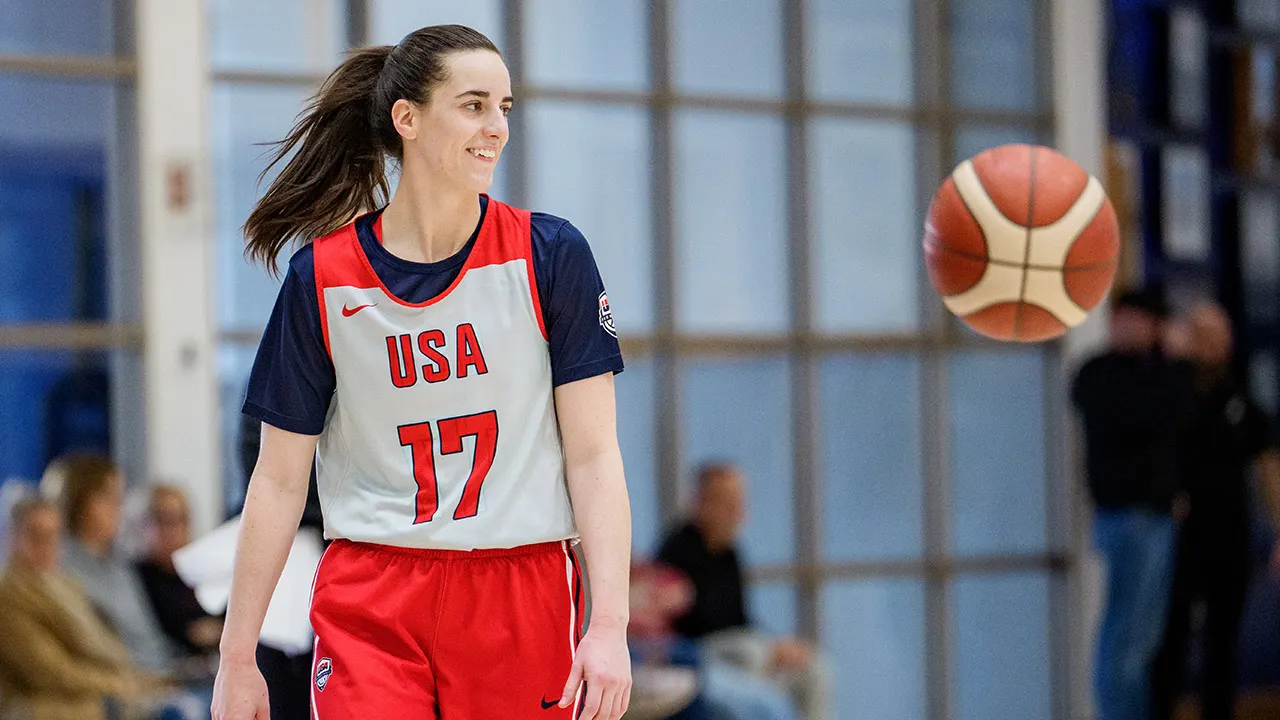 Caitlin Clark in Team USA basketball uniform during training camp at Duke University