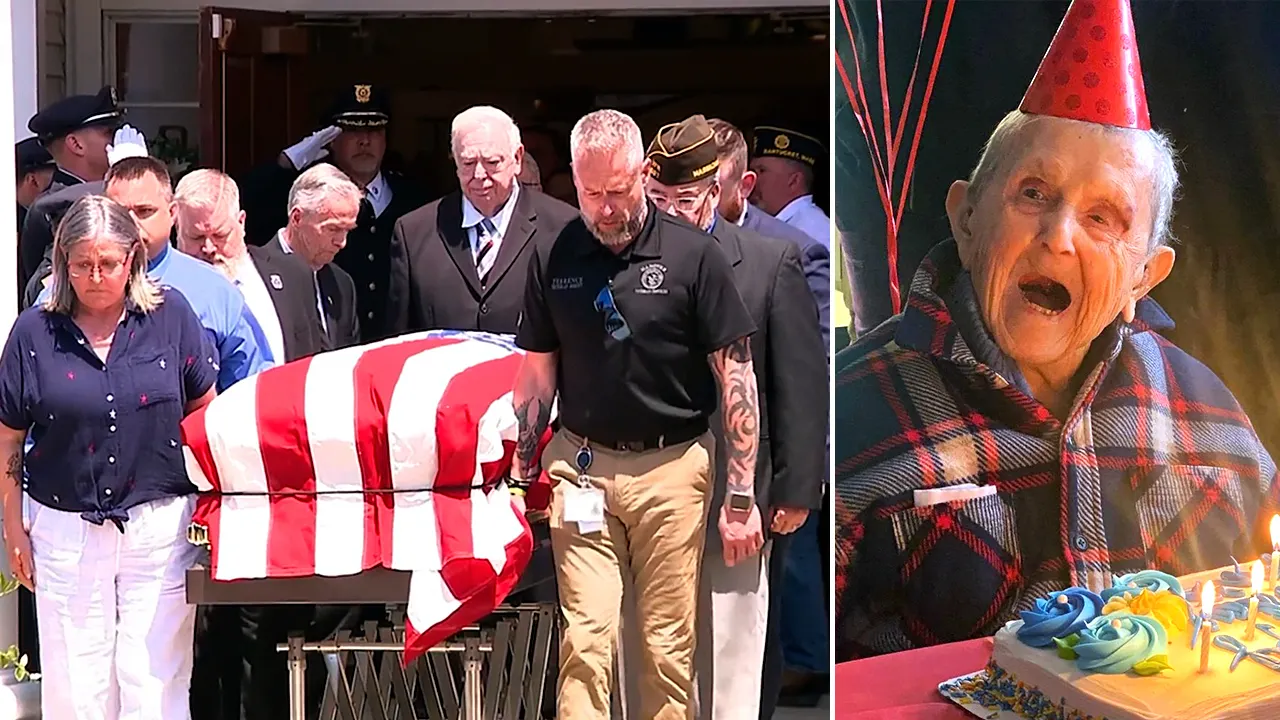 Flag-draped coffin of WWII Navy veteran carried by honor guard in Massachusetts funeral procession