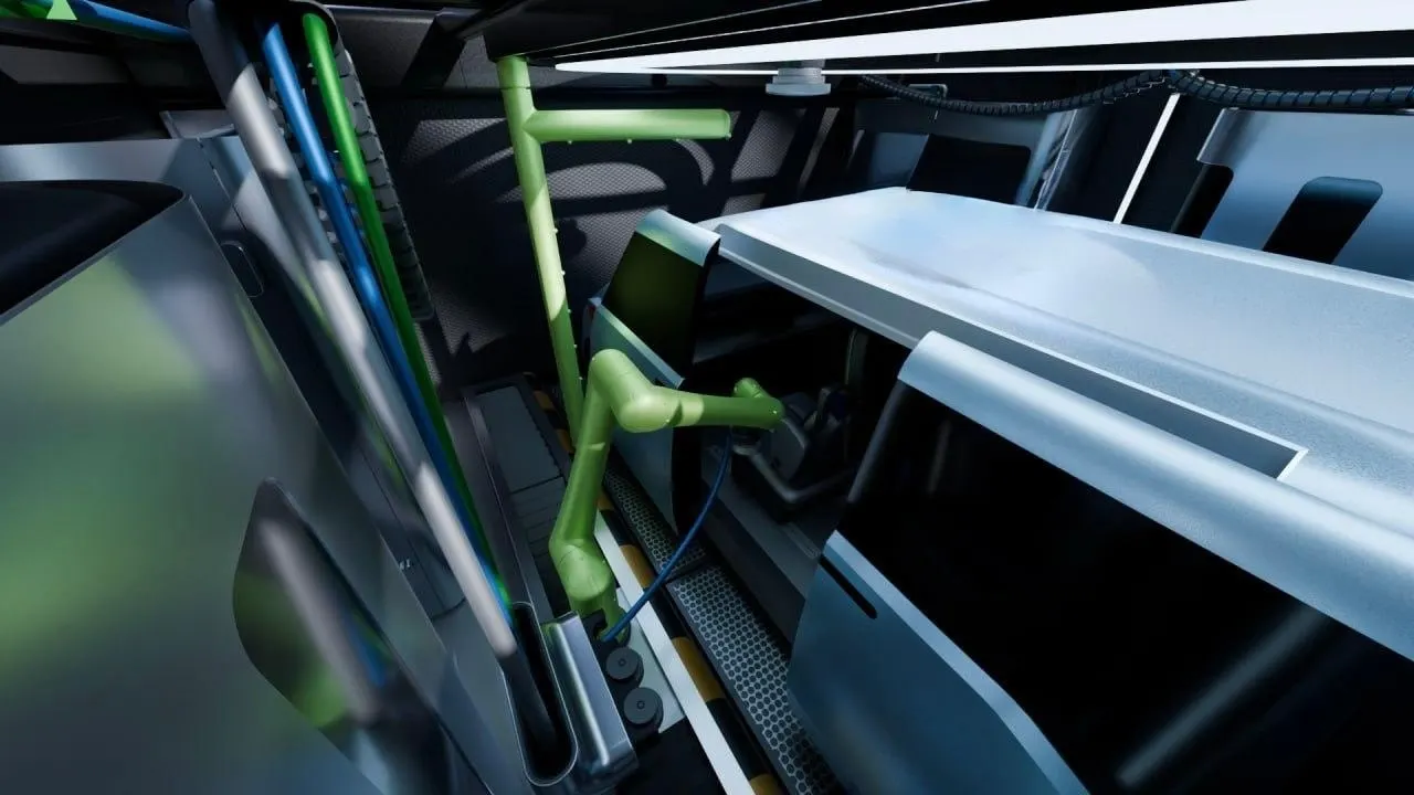 Compact automated service pod designed to clean and charge robotaxis in single parking space