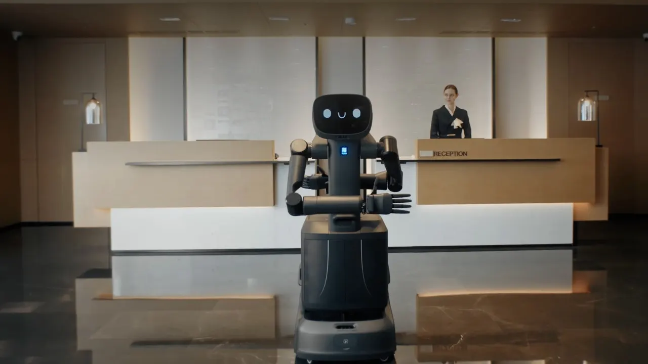Modern robots in hotel lobby providing check-in and guest services in Shenzhen China facility