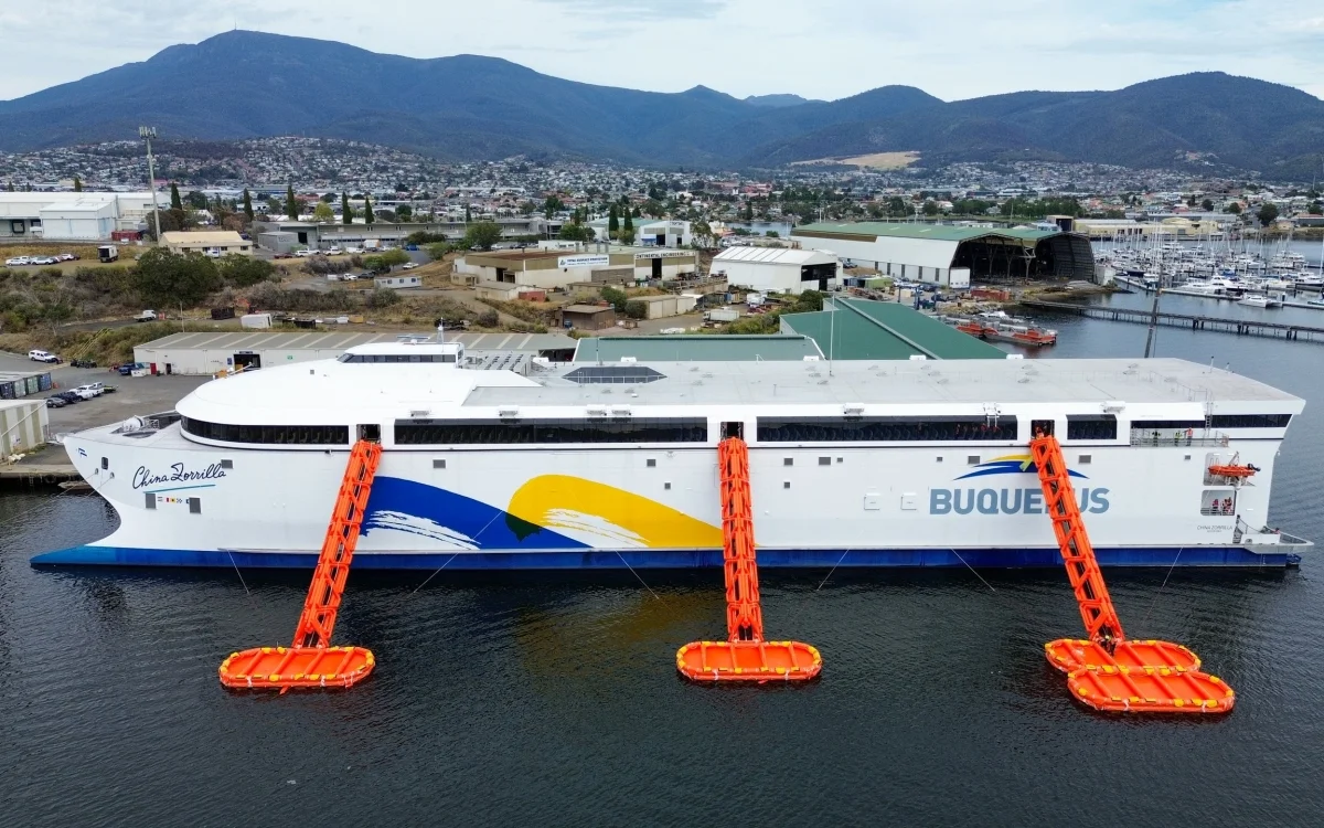Massive white electric ferry China Zorrilla during construction at Australian shipyard facility