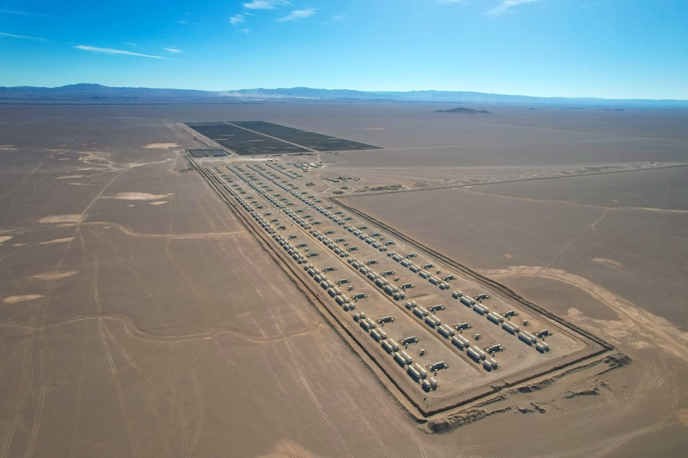 Massive battery container installation in Chile's Atacama Desert storing renewable solar energy