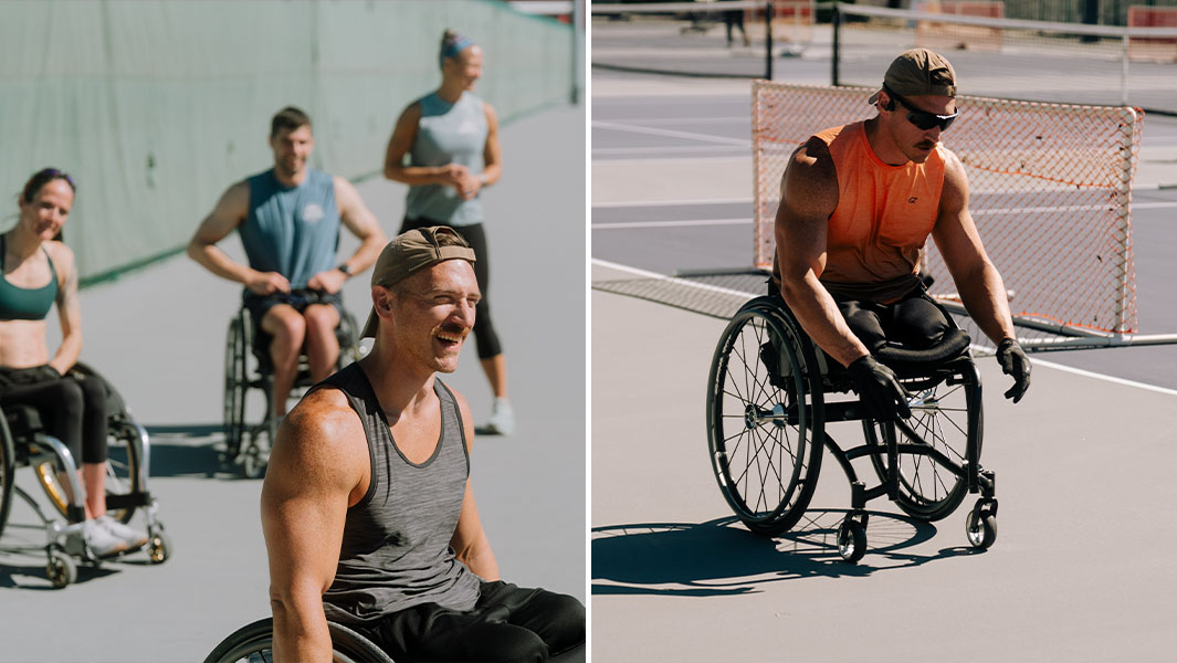 Marine veteran Mike Egan racing in his wheelchair around an outdoor track in San Antonio
