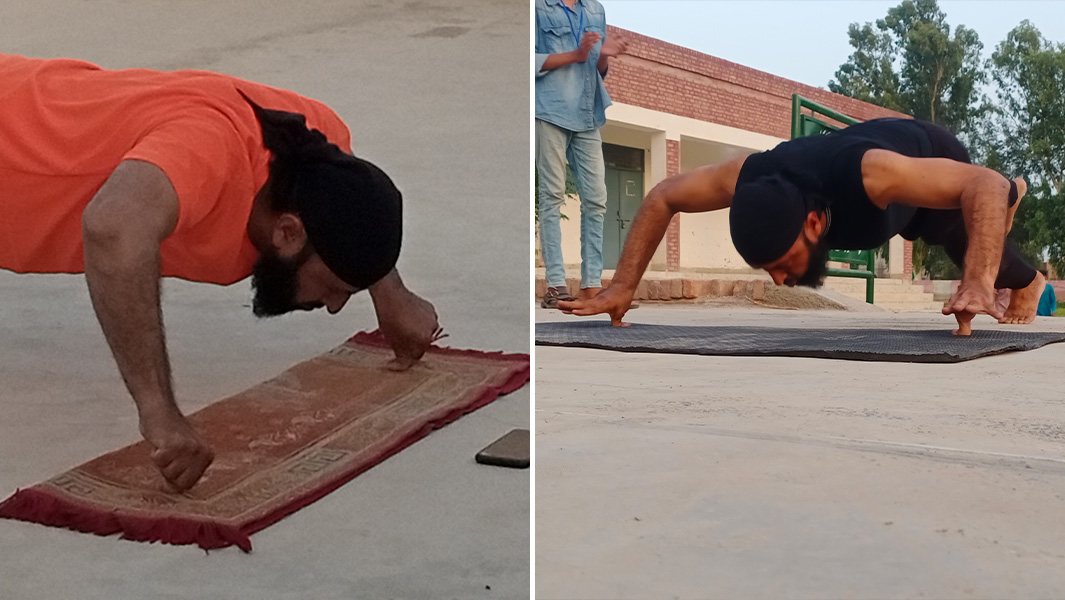 Muhammad Arshad performing thumb push-ups with one leg raised during world record attempt