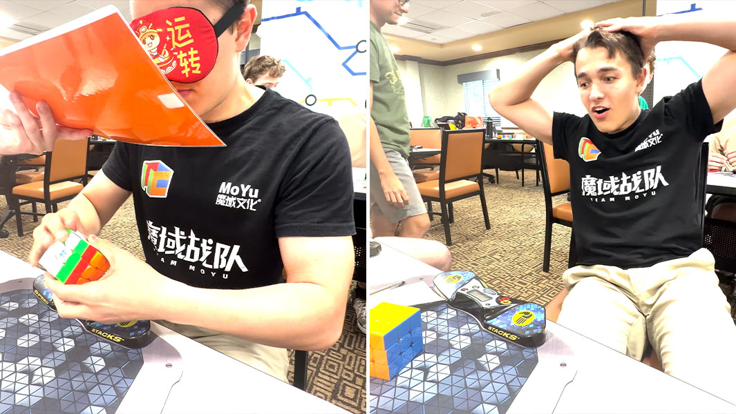 Tommy Cherry holding a Rubik's Cube while wearing a blindfold at a speed cubing competition