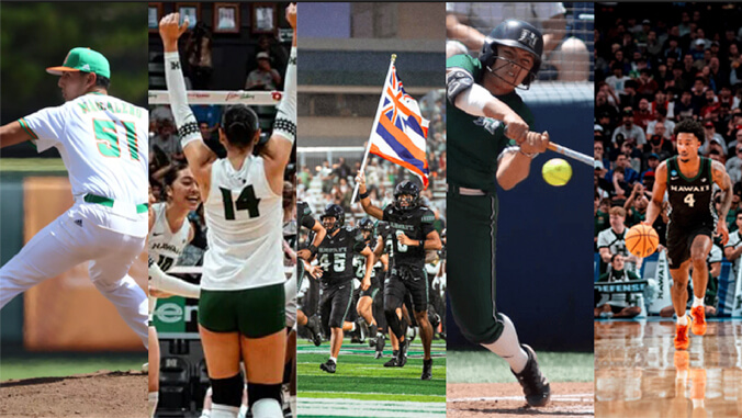 University of Hawaii Mānoa student-athletes celebrating academic achievement in graduation caps and athletic gear