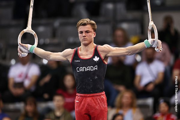 ** Georgian gymnast Saba Abesadze celebrating his first World Challenge Cup medal after nine years