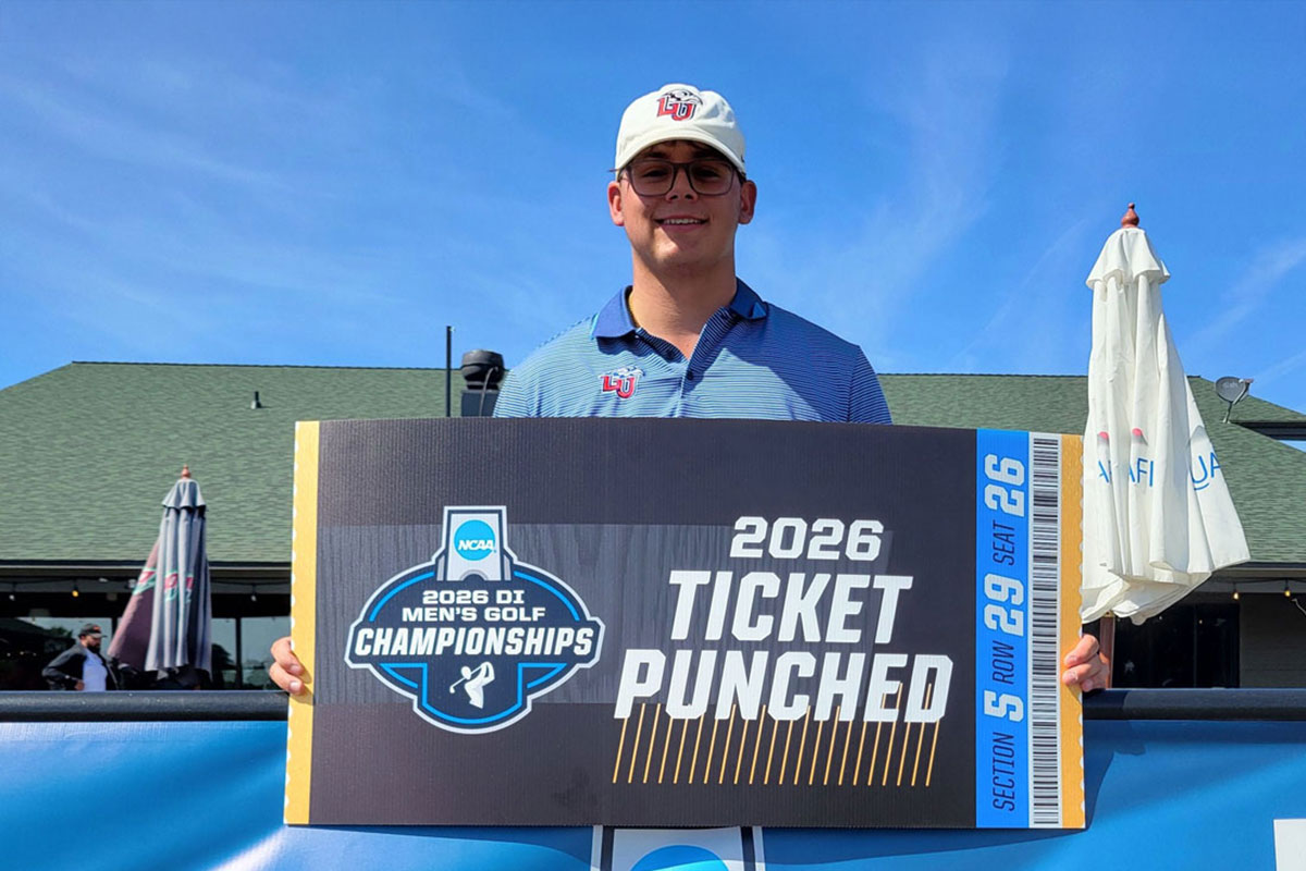 Liberty University golfer Michael Lugiano celebrating his NCAA Corvallis Regional victory on the golf course