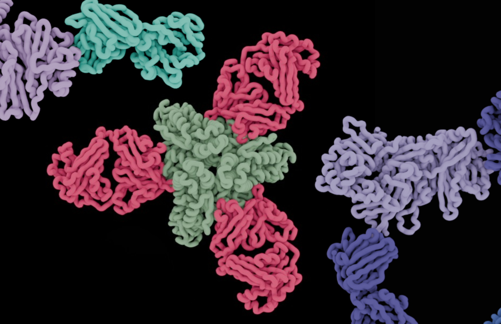 Three-dimensional rendering showing measles virus proteins bound with neutralizing human antibodies at molecular level